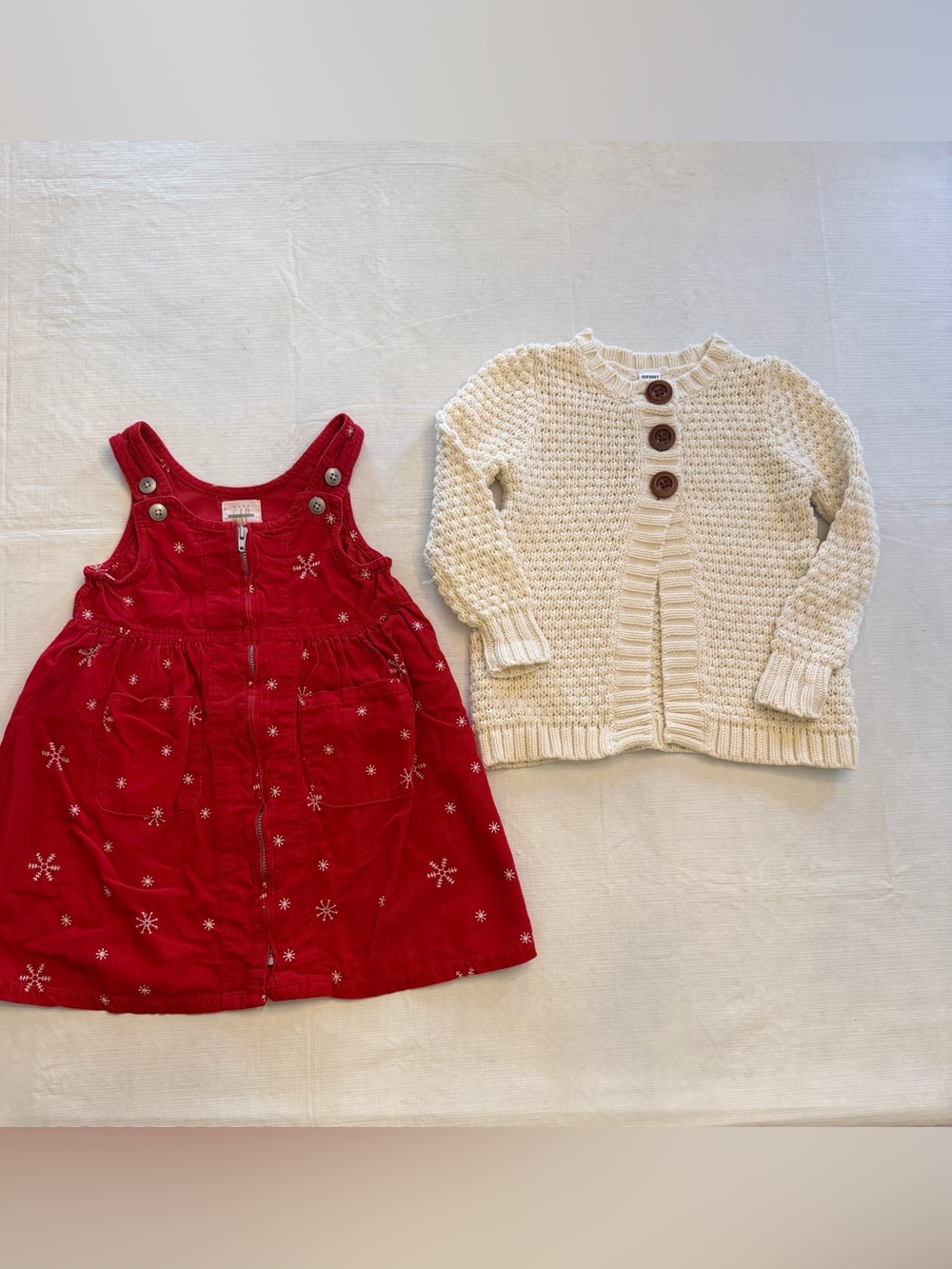 GAP Red Corduroy Embroidered Pinafore Dress and Old Navy Cream Knit Cardigan